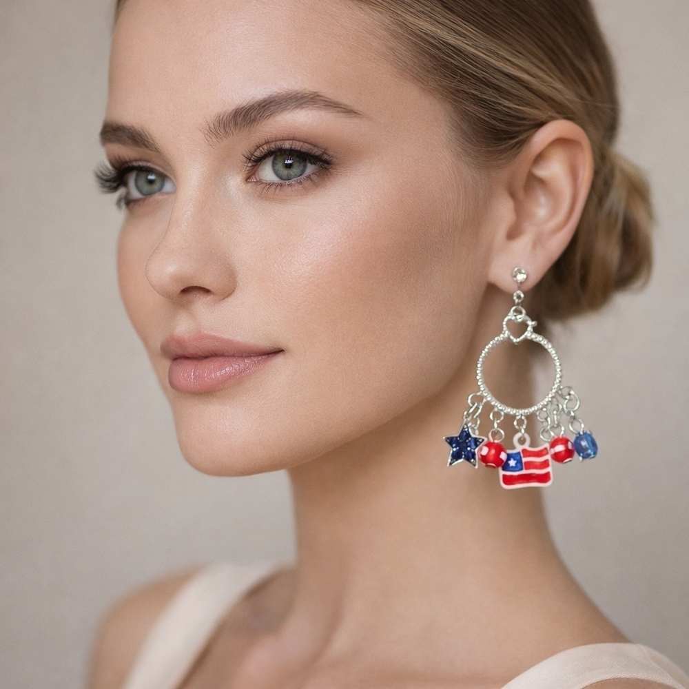 Red white and blue Fourth of July silver dangle earrings